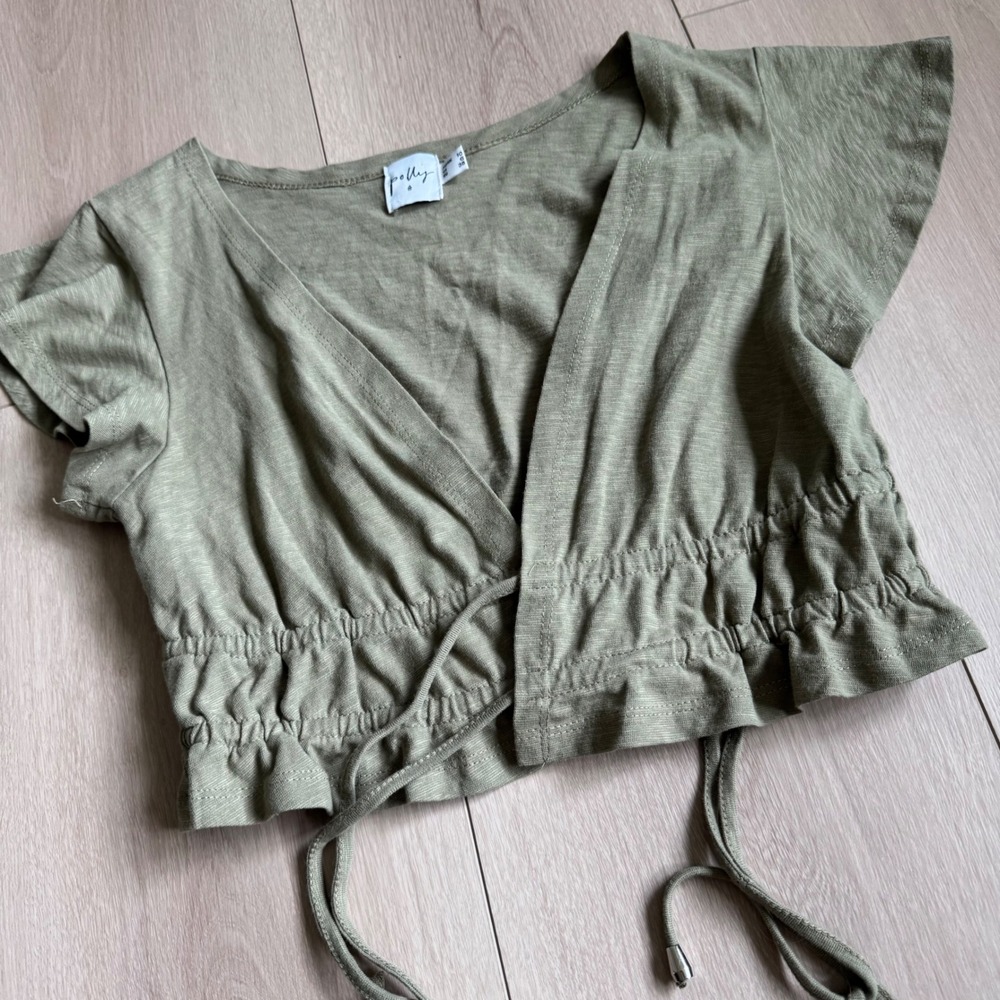 Polly Wrap Crop Top Womens Size 6 Olive Green Renaissance Fair Ruffle Boho‎ Chic